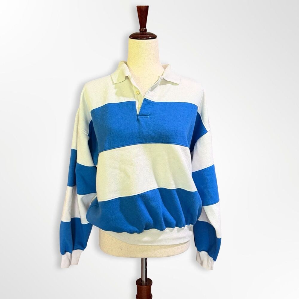 VTG 80s Blue White Striped Collared Rugby Polo Pullover Sweatshirt, M Old Money